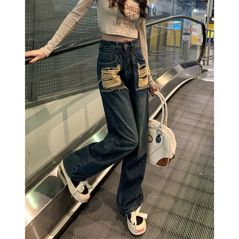 ダメージジーンズ ポケットダメージ ウエストハイ デニムパンツ