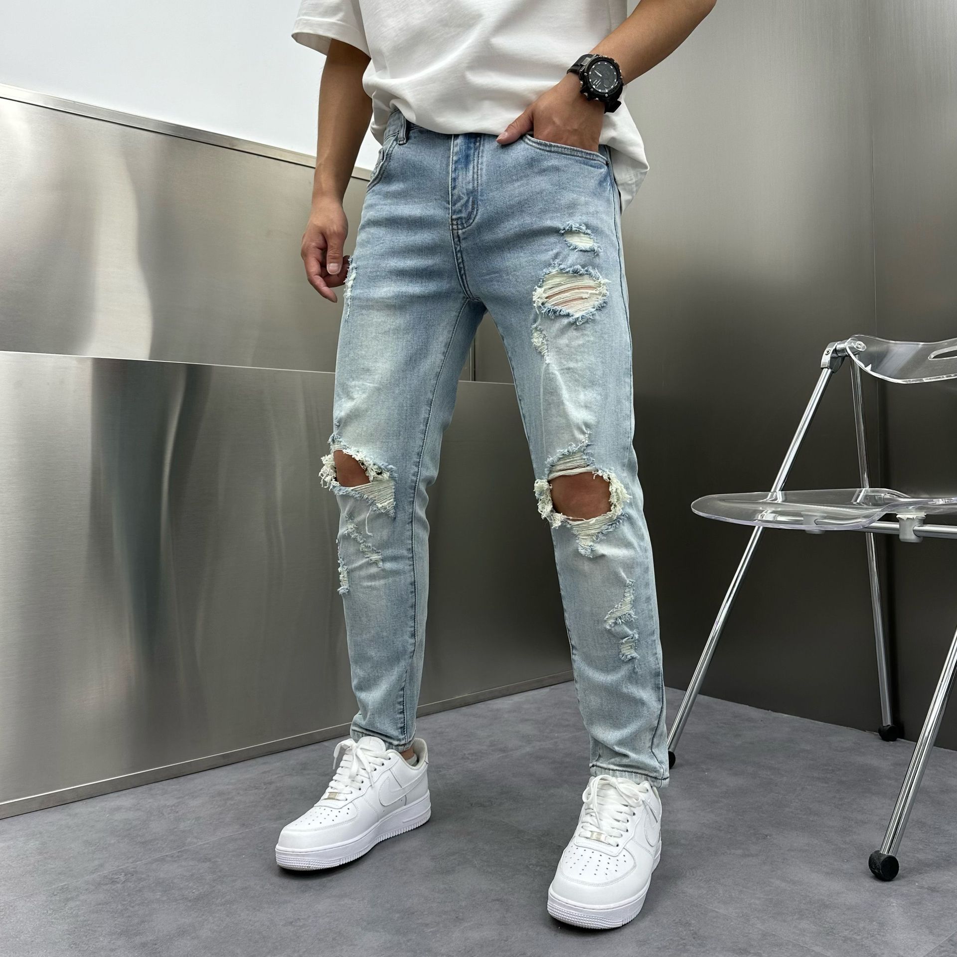 ダメージジーンズ クラッシュ加工 ストレートデニムパンツ