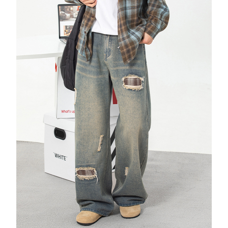 ダメージジーンズ ワイドシルエット ダメージ加工デニム
