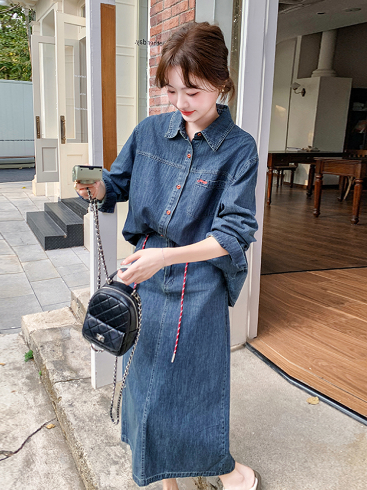 デニムセットアップ ゆったりデニムシャツスカートセット