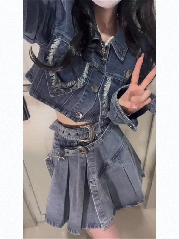 デニムセットアップ フリンジ加工クロップドジャケットスカート
