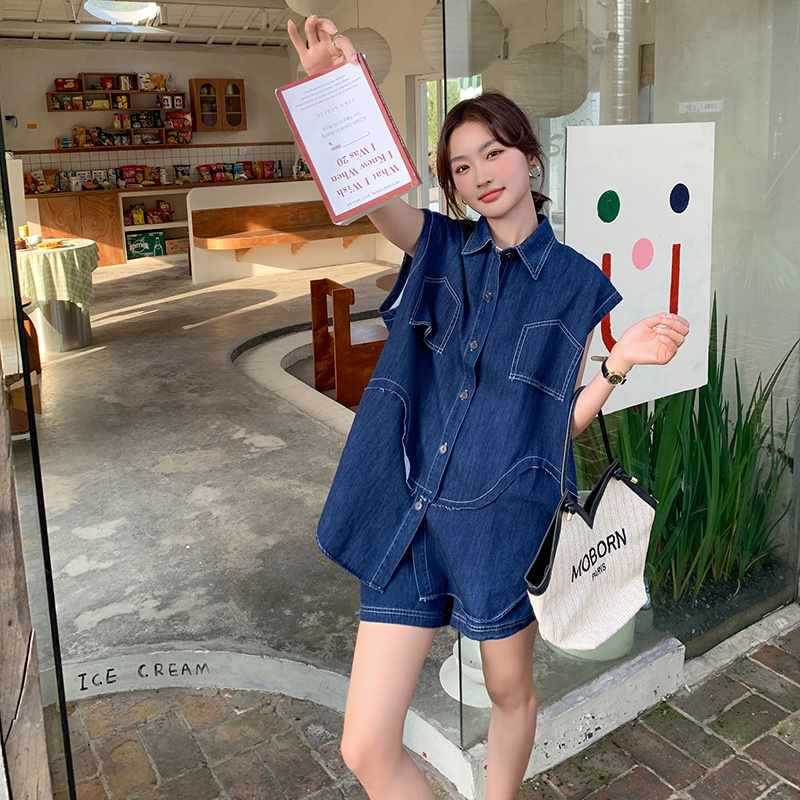 デニムセットアップ ゆったりノースリーブデニムセット