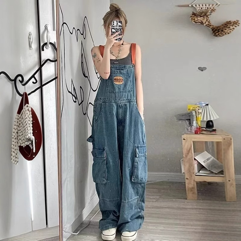デニムセットアップ ヴィンテージ風デニムサロペットワイドパンツ