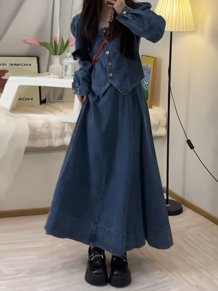 デニムセットアップ レトロ風ロングスカートセット