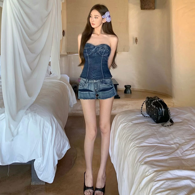 デニムセットアップ 胸元美人 デニムビスチェ ショートパンツセット