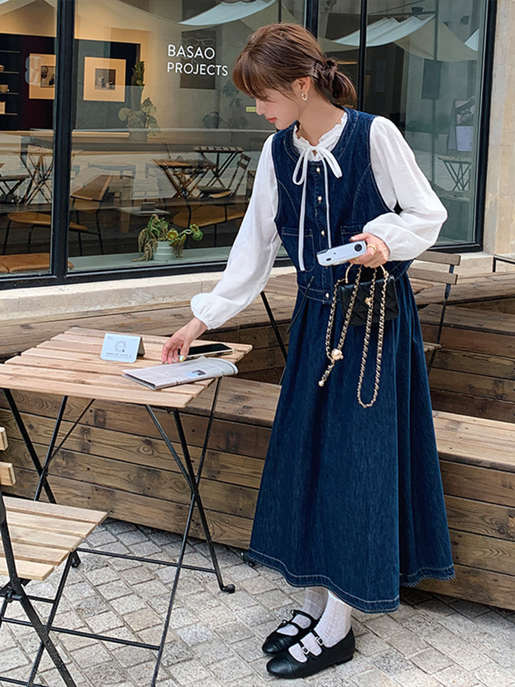 デニムセットアップ レトロ風ベスト付きロングスカート