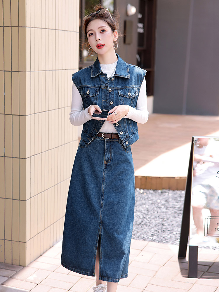 デニムセットアップ ノースリーブジャケット×ロングスカートセット