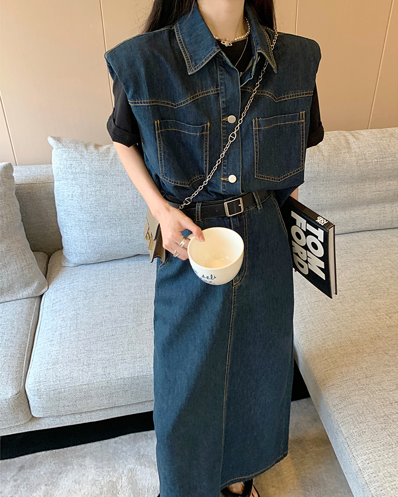 デニムセットアップ 肩パッド半袖シャツとロングスカート