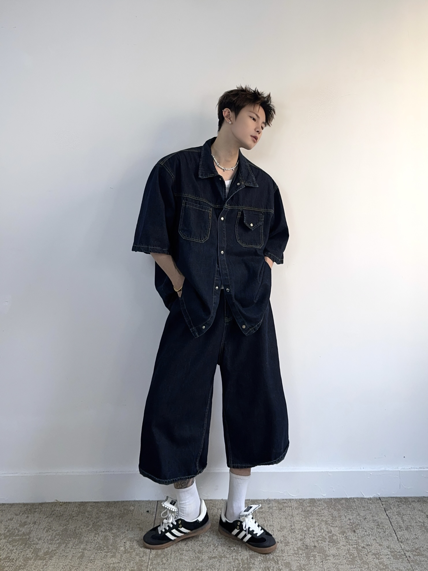 デニムセットアップ ゆったりビッグシルエット半袖セットアップ
