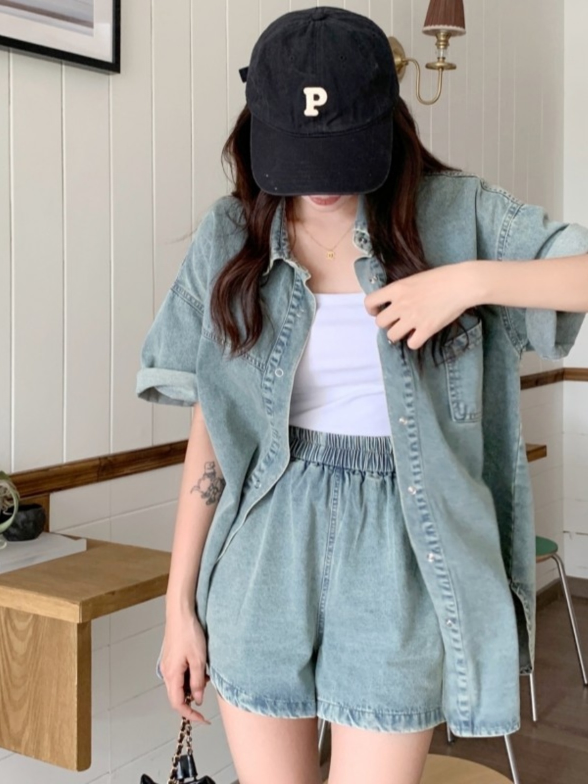 デニムセットアップ ゆったりデニムシャツセットアップ