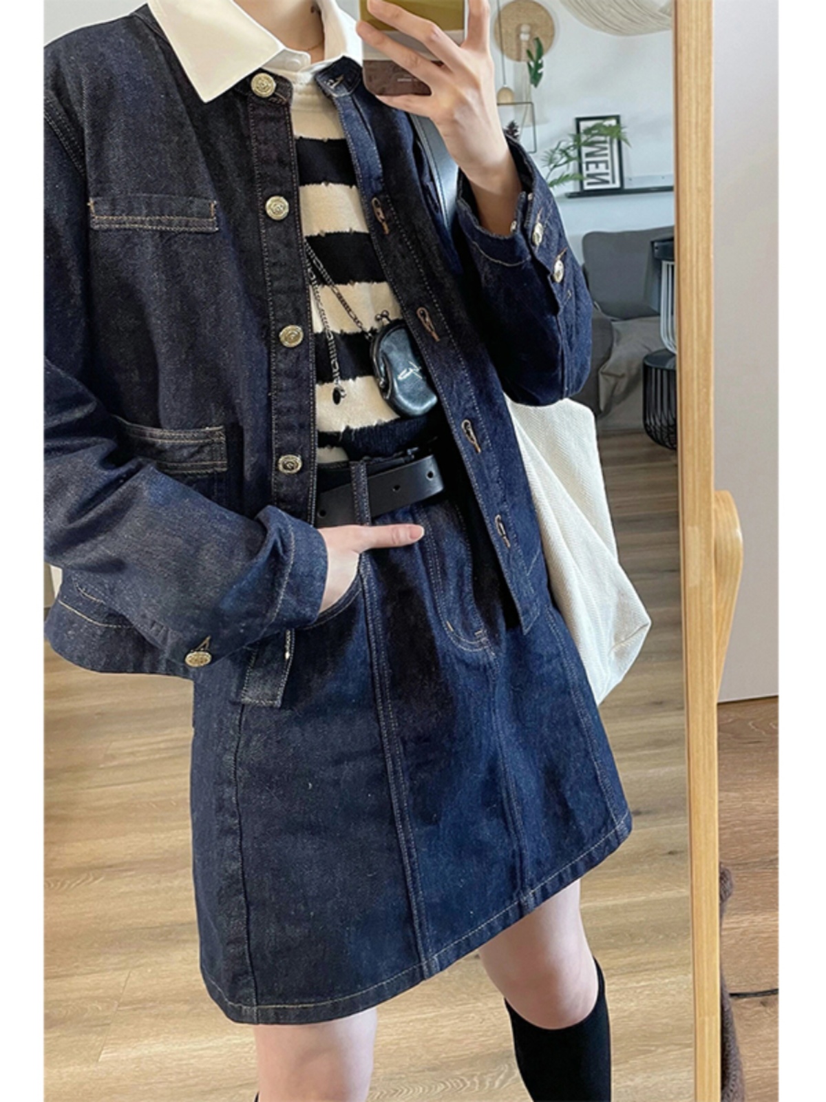 デニムセットアップ レトロ学院風デニムジャケットスカートセット
