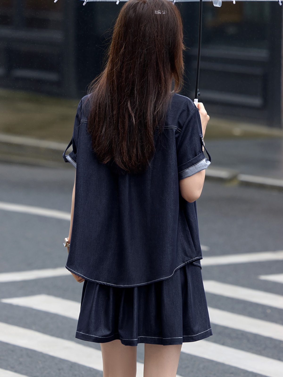 デニムセットアップ 半袖シャツ×プリーツスカート セット