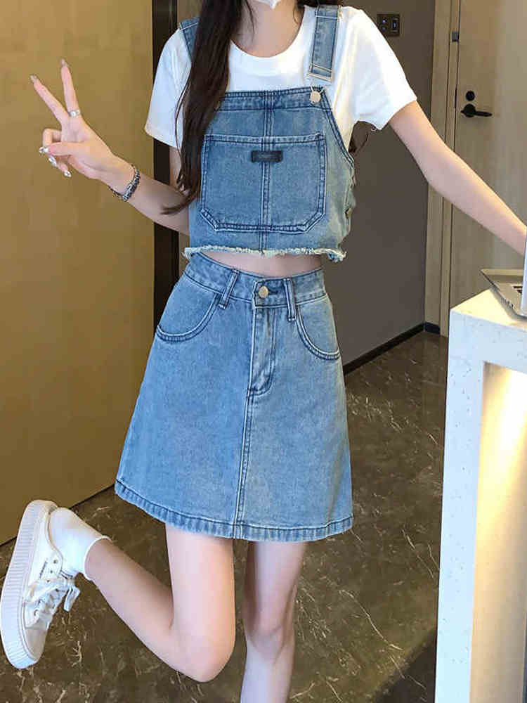 デニムセットアップ クロップドサロペット＆ミニスカート