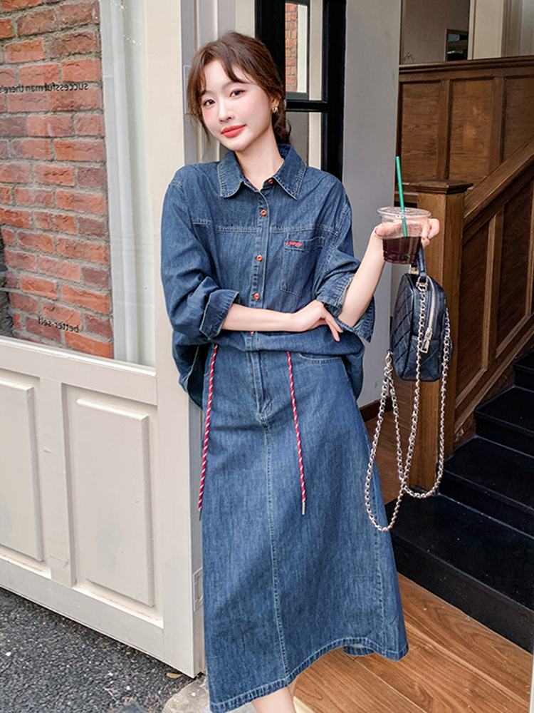 デニムセットアップ ゆったりデニムシャツスカートセット