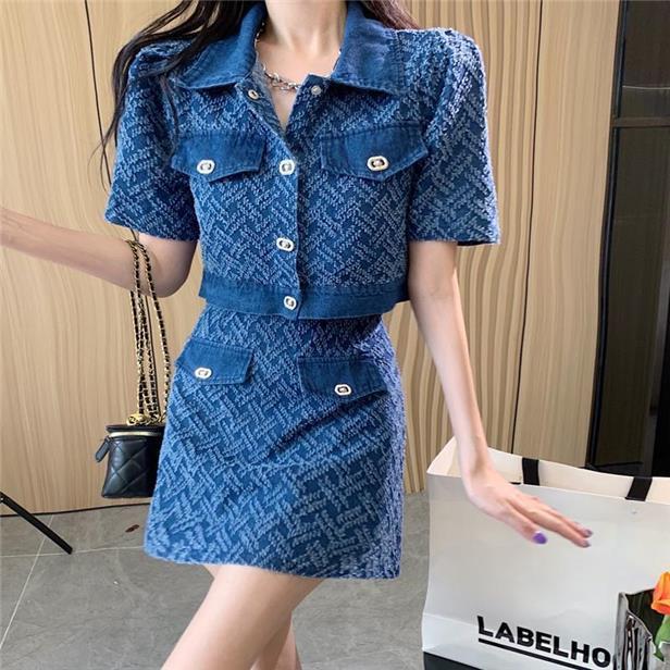 デニムセットアップ ジグザグ柄ショート丈セットアップ