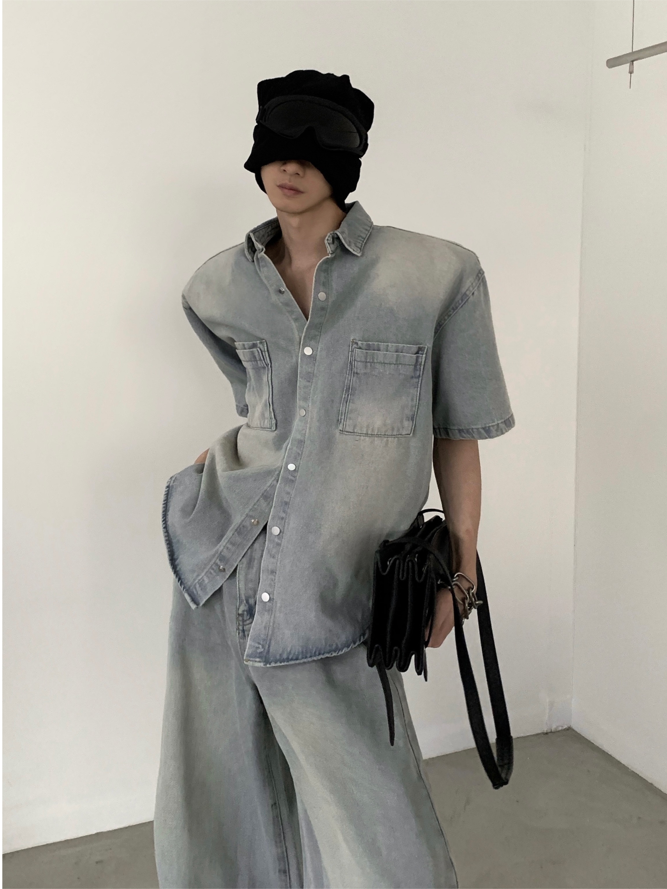 デニムセットアップ ワイドシルエット半袖デニムセットアップ