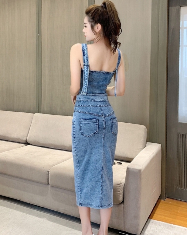 デニムセットアップ スリット入りタイトツーピース