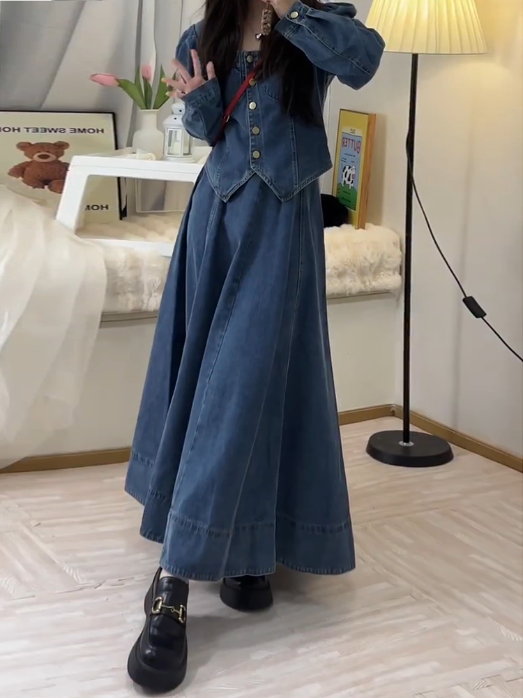 デニムセットアップ レトロ風ロングスカートセット