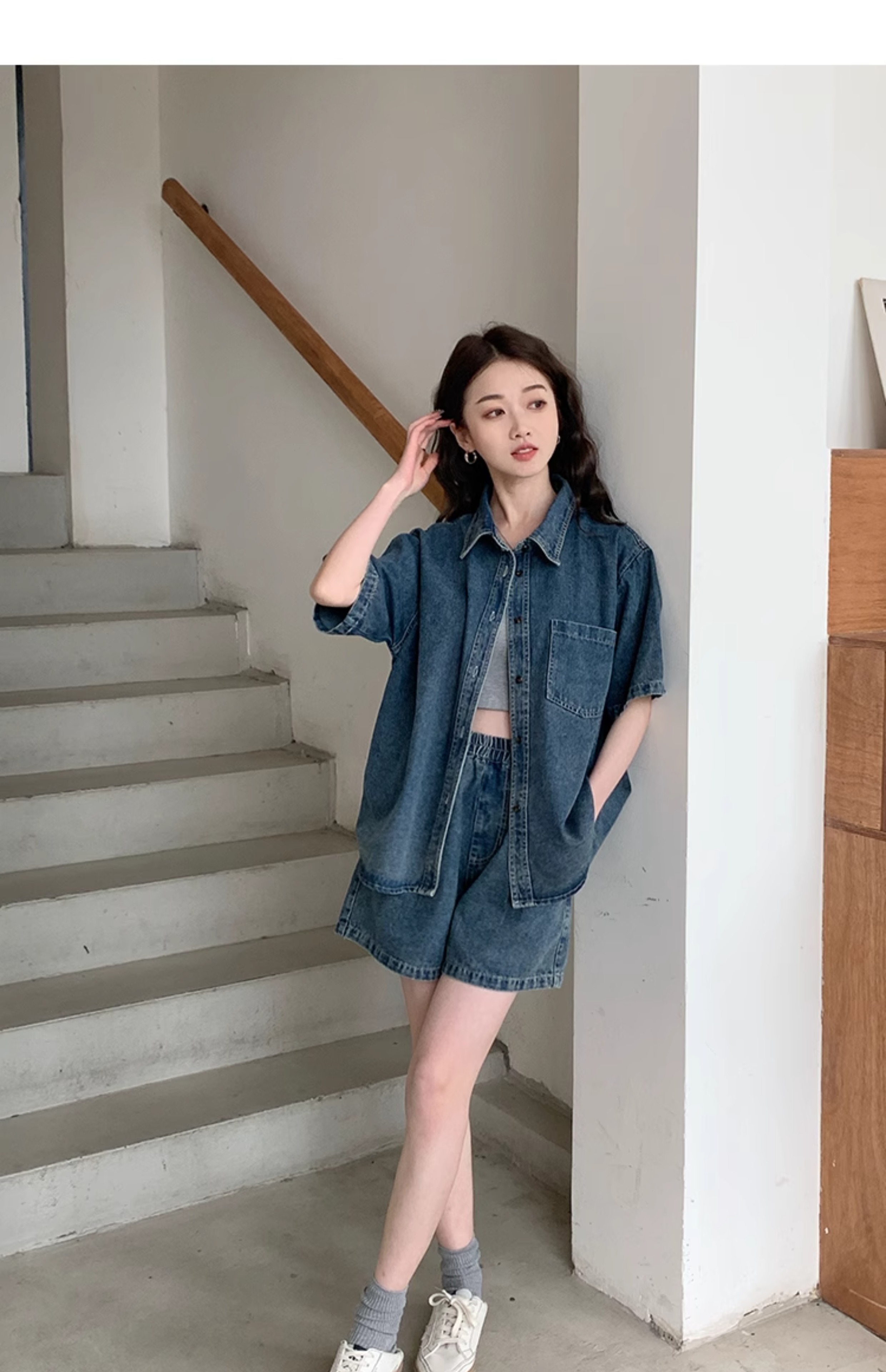 デニムセットアップ ゆったりシルエット 半袖デニムシャツセット