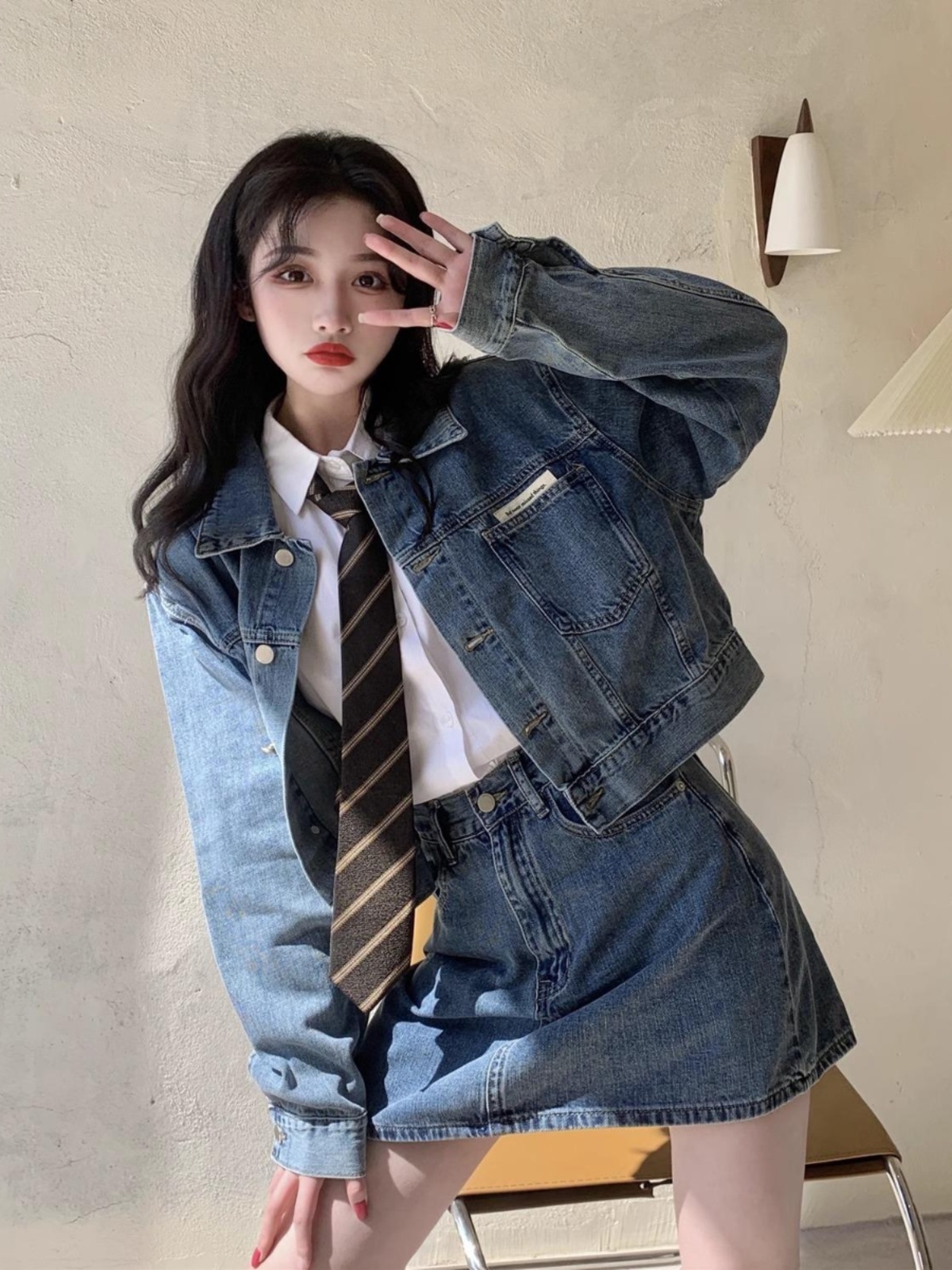 デニムセットアップ レトロ制服風デニムミニセット