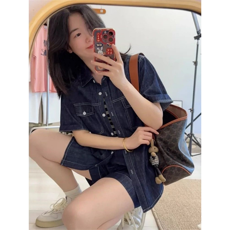 デニムセットアップ リラックス風合いシャツショートパンツ
