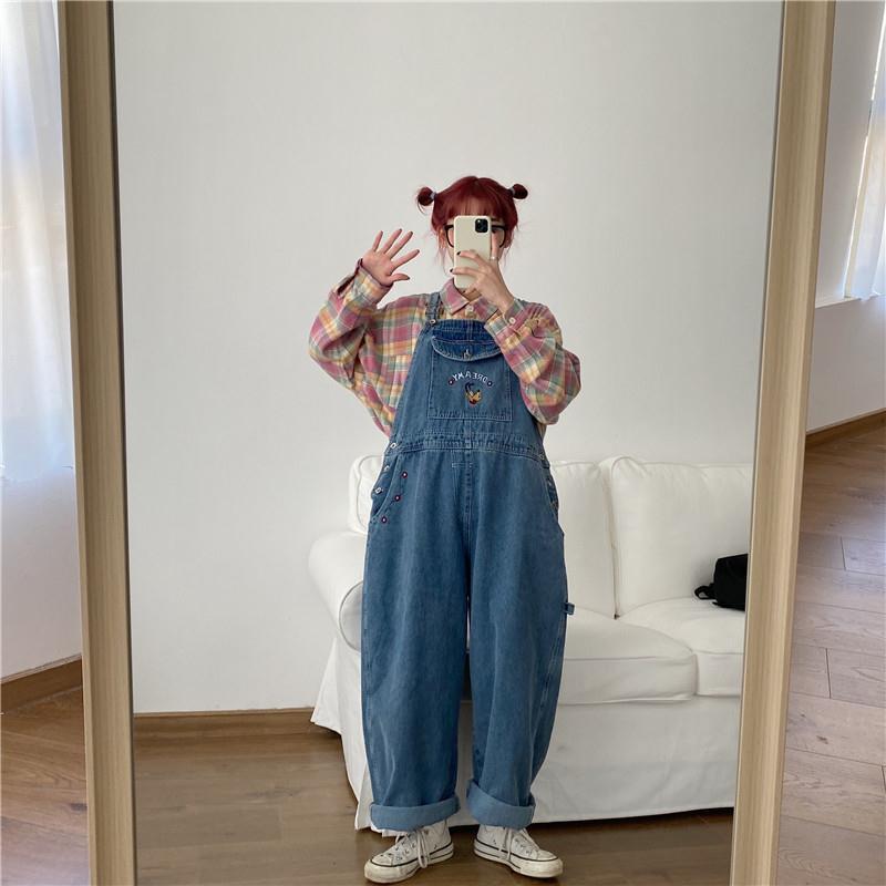 デニムセットアップ 刺繍入りデニムサロペットワイドパンツ