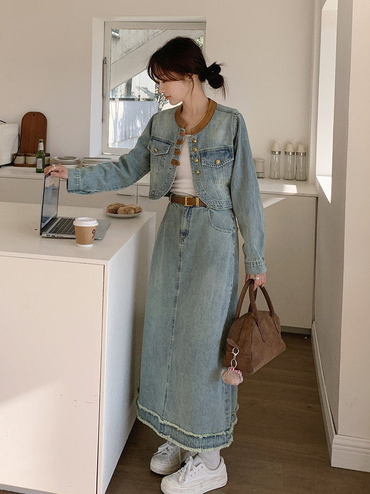 デニムセットアップ ノーカラークロップドジャケット＆ロングスカート