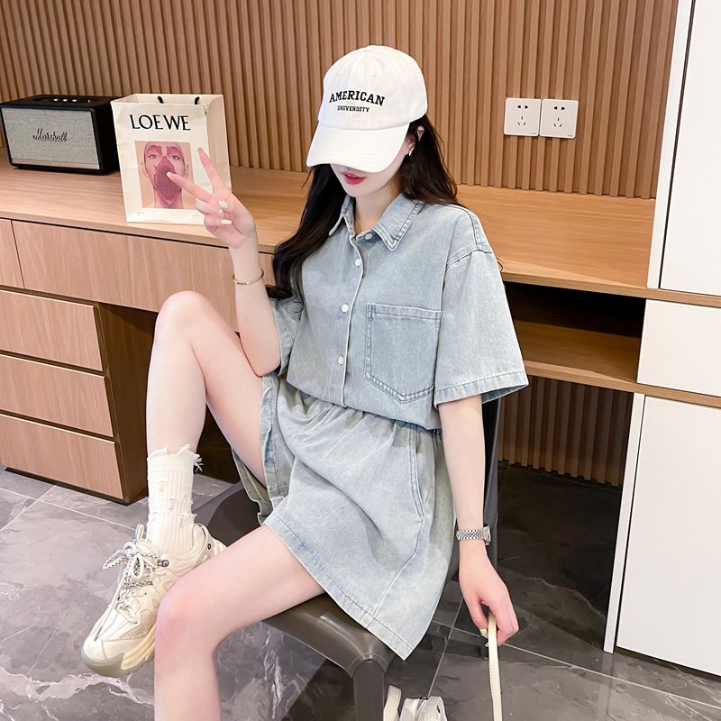 デニムセットアップ ゆったりデニムシャツとショートパンツセット