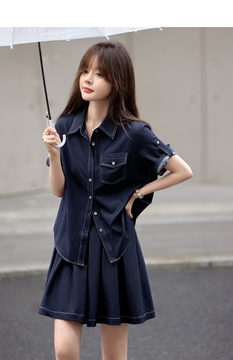 デニムセットアップ 半袖シャツ×プリーツスカート セット