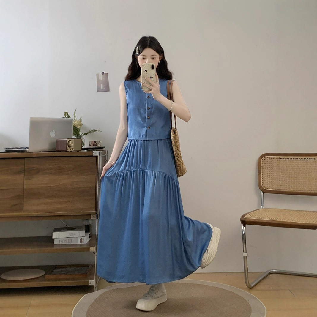 デニムセットアップ 優美ティアードベスト＆スカートセット
