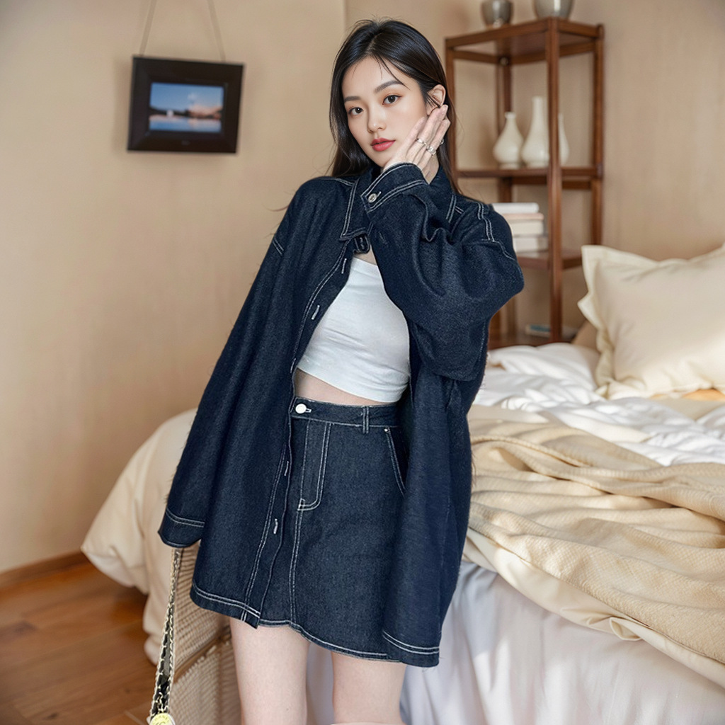 デニムセットアップ ゆったりミニスカートセット