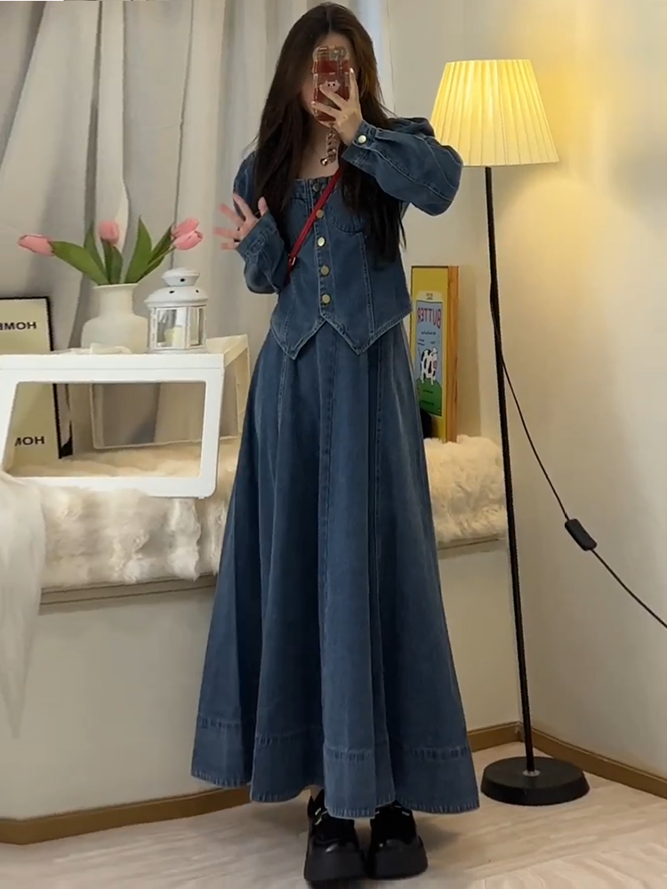 デニムセットアップ レトロ風ロングスカートセット