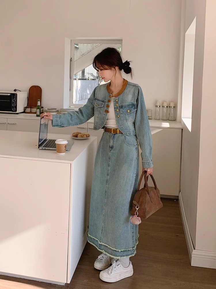 デニムセットアップ クラシカルフリンジロングセット