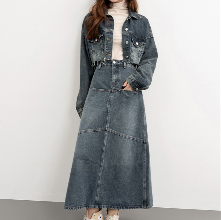 デニムセットアップ クロップド丈デニムジャケット×ロングスカートセット