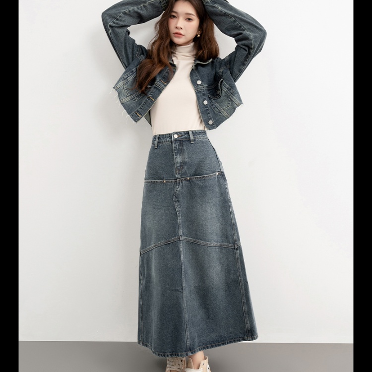 デニムセットアップ クロップド丈デニムジャケット×ロングスカートセット
