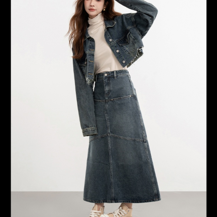 デニムセットアップ クロップド丈デニムジャケット×ロングスカートセット