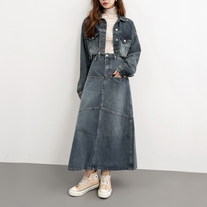 デニムセットアップ クロップド丈デニムジャケット×ロングスカートセット