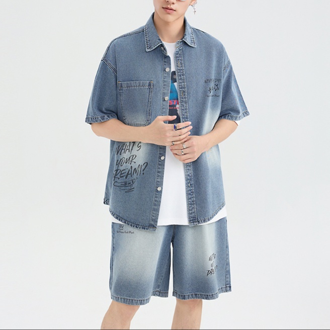 デニムセットアップ 夏向け文字入りデニムシャツセット