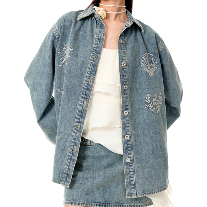 デニムセットアップ 貝殻刺繍デニムシャツセットアップ