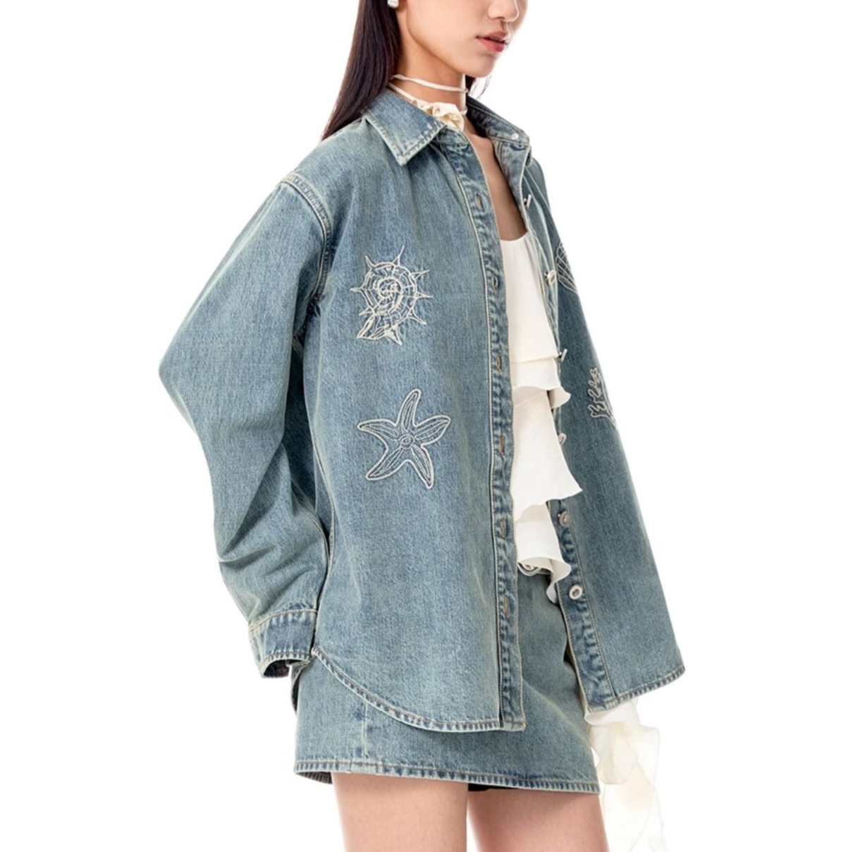 デニムセットアップ 貝殻刺繍デニムシャツセットアップ