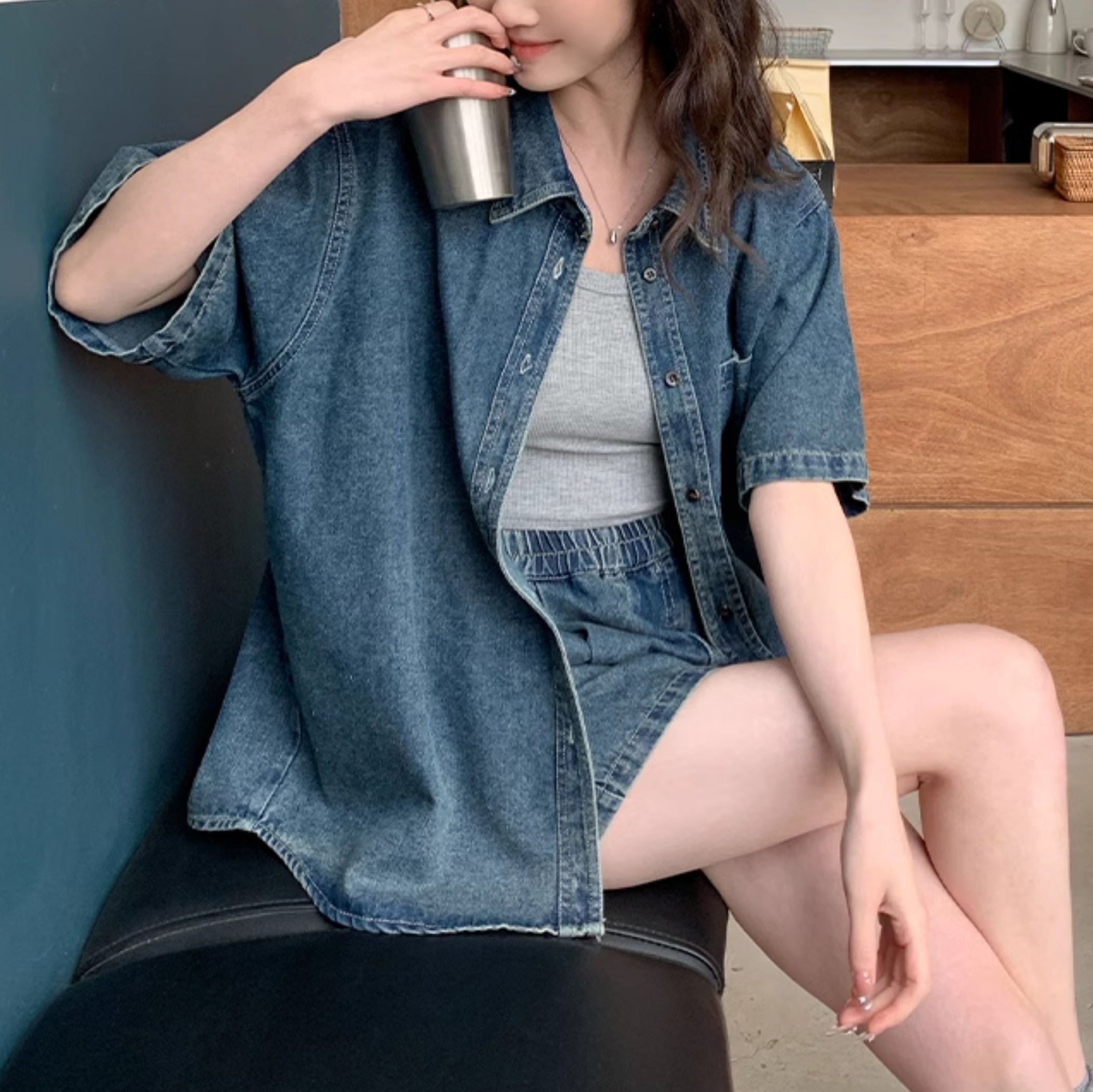 デニムセットアップ ゆったりシルエット 半袖デニムシャツセット