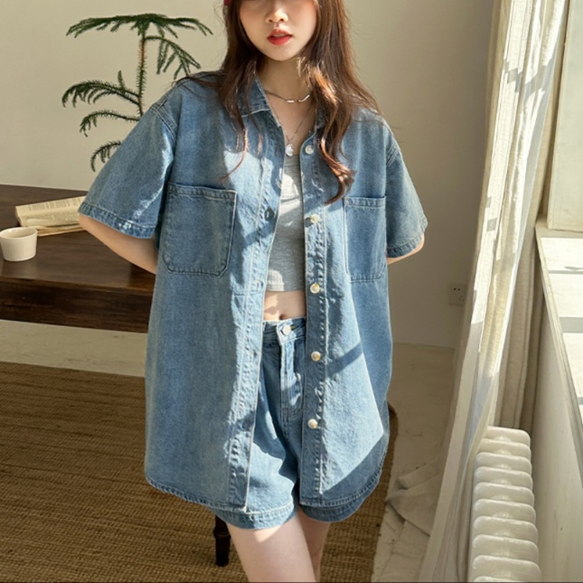 デニムセットアップ ゆったりデニムシャツセットアップ