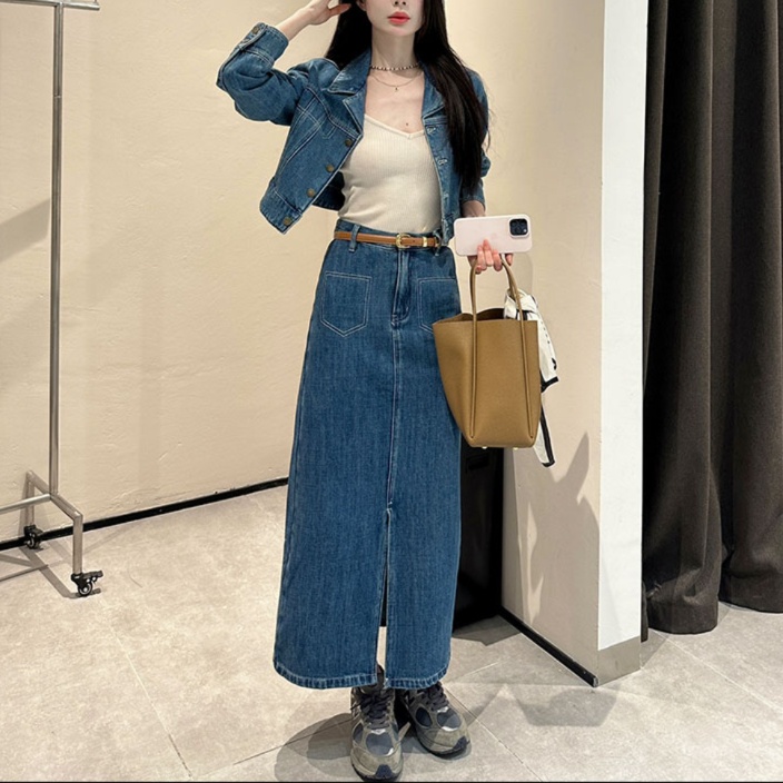 デニムセットアップ　シルエット美人の長め丈デニムセットアップ