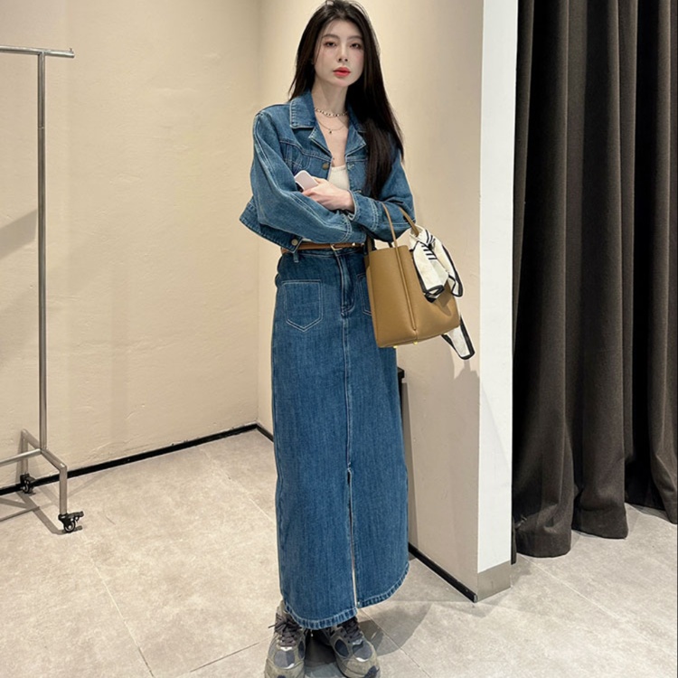 デニムセットアップ　シルエット美人の長め丈デニムセットアップ
