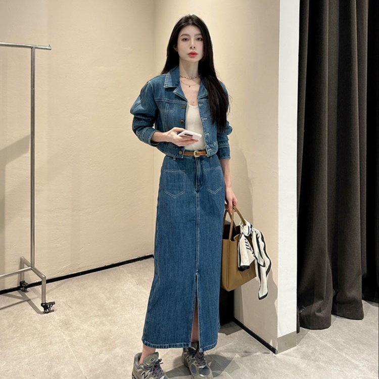 デニムセットアップ　シルエット美人の長め丈デニムセットアップ