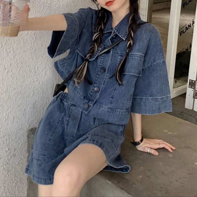 デニムセットアップ 半袖デニムシャツ ショートパンツセット