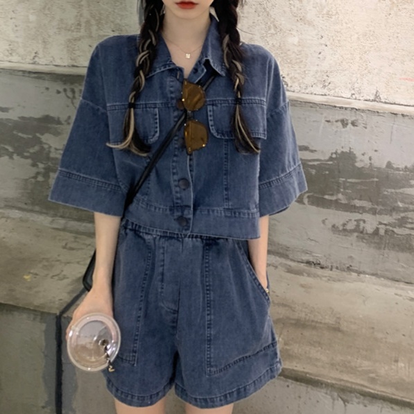 デニムセットアップ 半袖デニムシャツ ショートパンツセット