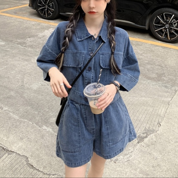 デニムセットアップ 半袖デニムシャツ ショートパンツセット