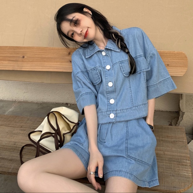 デニムセットアップ 半袖デニムシャツ ショートパンツセット