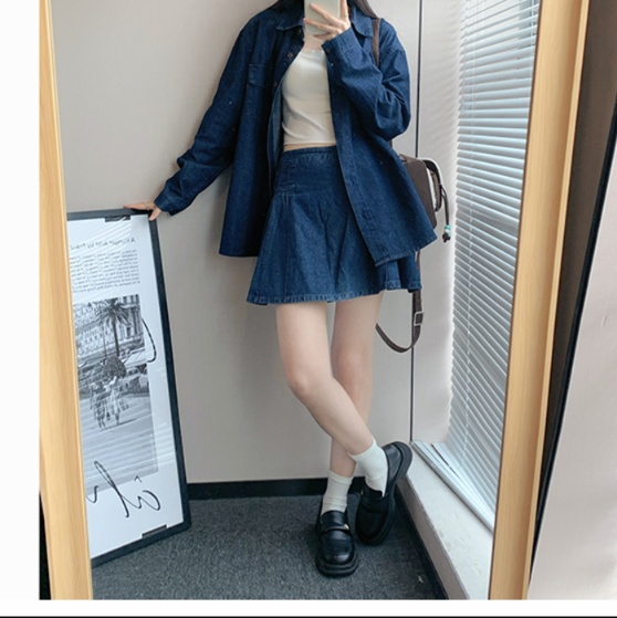 デニムセットアップ ゆったりデニムシャツショートパンツセット